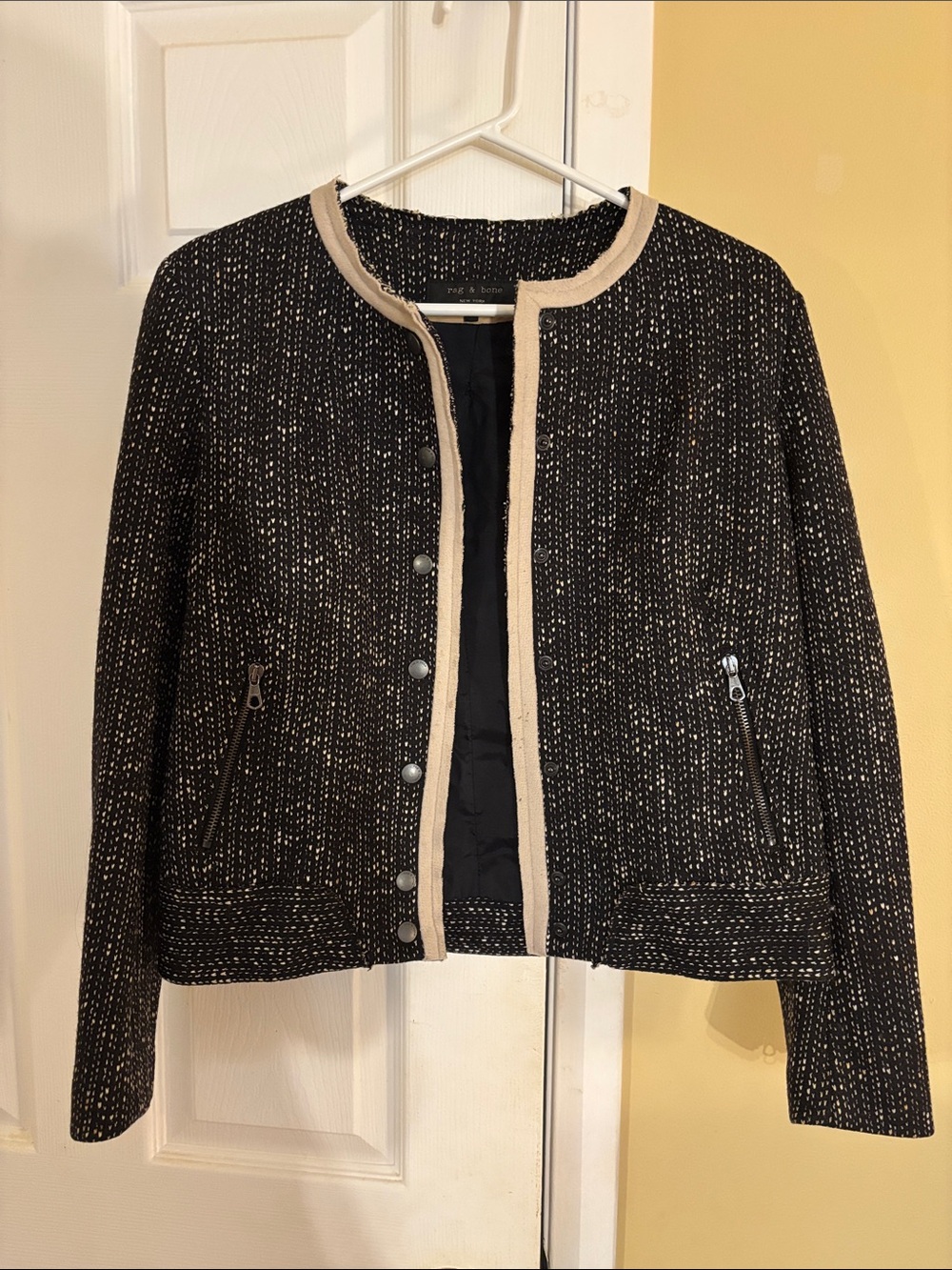 Rag & Bone Collarless Black Tweed Jacket with Cream Trim - Women's Blazer